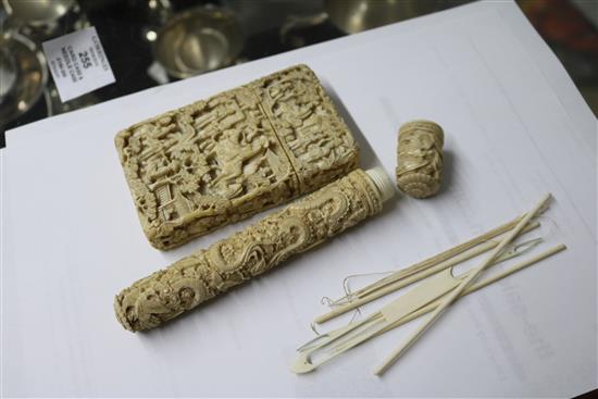 A Chinese ivory card case and needle case